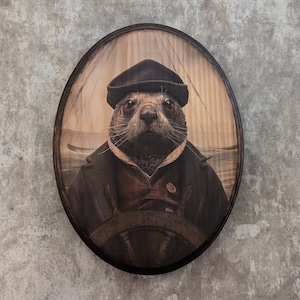 Mr Sealion Victorian Portrait - Vintage Style Animal Cottagecore Wall Art - Wooden Decor Plaque Sign - Handmade photo transfer - Seal