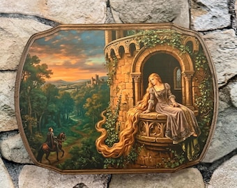 Rapunzel van de gebroeders Jacob en Wilhelm Grimm - Victoriaans geïnspireerde stijl verhalenboek muurkunst - Handgemaakte houten plaquette