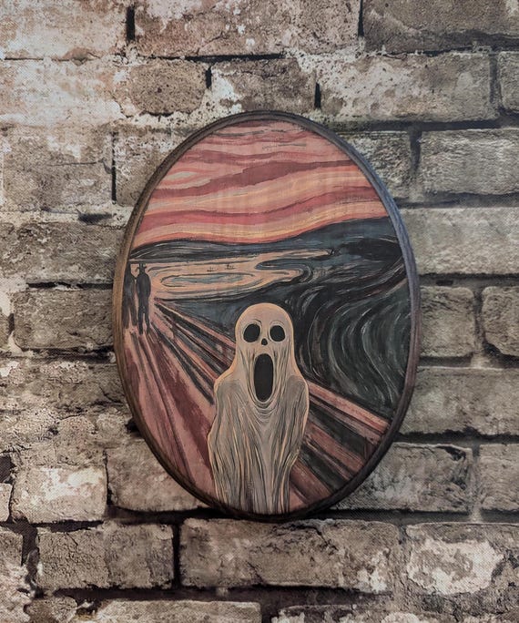 The Scream Vintage Ghost Art - Wood Halloween Classic Gothic Wall Art - Wooden Décor Plaque Sign - Handmade transfer - spooky wall decor