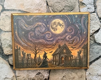 The Starry Night Moonlight Witch - kunst aan de muur heks - hout houten muurplaquette - hekserij muurdecoratie - handgemaakte inktoverdracht van Gogh