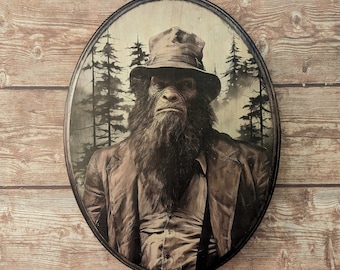 Victoriaans portret Mr Bigfoot - vintage stijl dierlijke cryptid sasquatch yeti houten muur kunst - houten decor plaquette - handgemaakt
