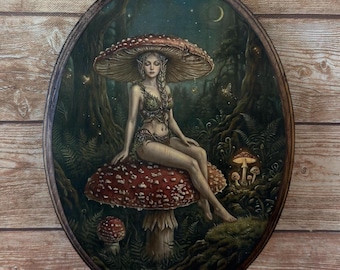 Mushroom Fairy Nymph Vintage Style Art Wooden Wall Plaque Sign- Witch Fairy Wall Décor Art - Handmade Wood Wall Art Woodland