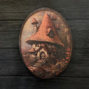 Arte murale in legno Mushroom Cottage - Targa in legno fatta a mano - Arte murale Cottagecore Woods Forest