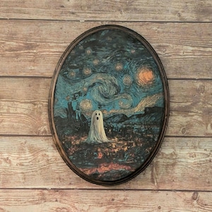 Sternenklare Nacht Vintage Geist - Holz Halloween Herbst Gothic Wandkunst - Holzdekor Plakette Schild - Handgemachter Transferdruck - gruselige Wanddekoration