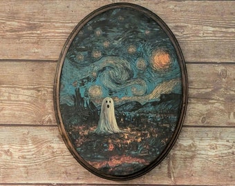 Starry Night Vintage Ghost - Wood Halloween Fall Gothic Wall Art - Wooden Décor Plaque Sign - Handmade transfer - spooky wall decor