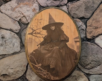Vintage Witch Photo Wood Wall Art- Creepy Halloween Wood Wall - Witch Wall Art - Handmade Wooden Plaque Sign - Cottagecore
