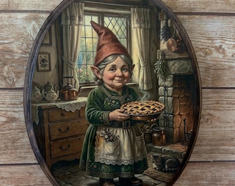 Mother Gnome With Fresh Baked Pie Wooden Wall Art - Handmade Wood Plaque Sign - Cottagecore Woods Forest Wall Art Gnomes Vintage Cottage Art