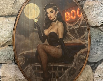 Vintage Painted Style Pin-Up Car Model Art - Wooden Sign Wall Plaque - Handmade wood ink transfer - Inspired by Lily Munster - Horror Girl