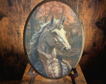 Mr Unicorn Vintage Victoriaans houten portret - houten muurkunst mythisch wezen - decor plaquette - handgemaakt