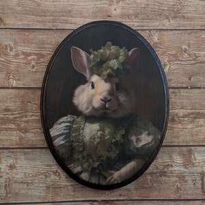 Miss Rabbit Victorian Portrait - Vintage Style Cottagecore Animal Wall Art Bunny - Wooden Decor Plaque Sign - Handmade photo transfer