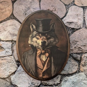 Mr Wolf Victorian Wall Art - Vintage Style Animal Wall Art - Wooden Décor Plaque Sign - Handmade photo transfer