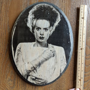 Frankenstein and Bride of Frankenstein Set of 2 Portraits Universal Monsters Wood Sign Wall Plaques Handmade wood ink transfer image 4