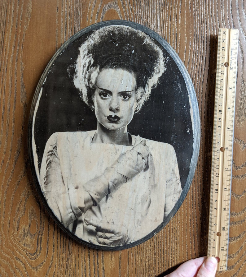 Frankenstein and Bride of Frankenstein Set of 2 Portraits Universal Monsters Wood Sign Wall Plaques Handmade wood ink transfer image 4