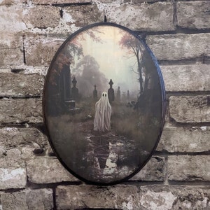 Vintage Ghost In Cemetery - Graveyard Halloween Fall Gothic Wall Art - Wooden Décor Plaque Sign - Handmade photo transfer