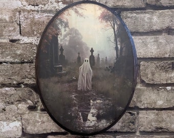 Vintage Ghost In Cemetery - Graveyard Halloween Fall Gothic Wall Art - Wooden Décor Plaque Sign - Handmade photo transfer