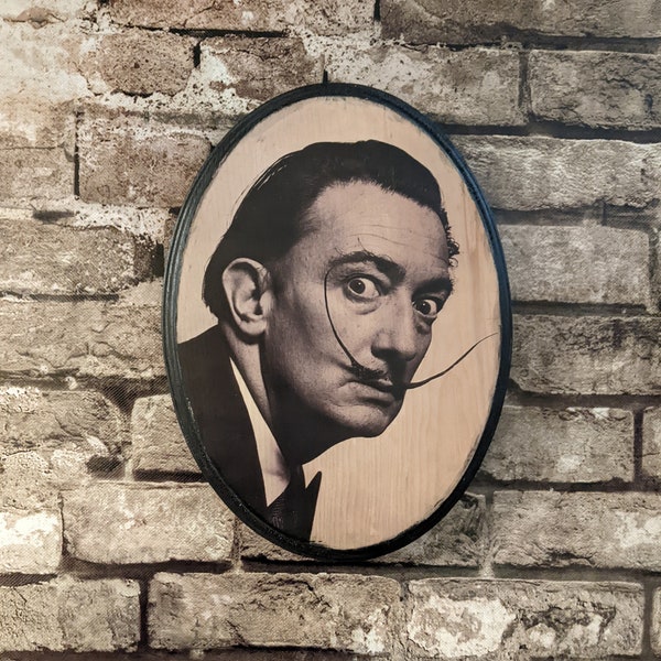 Salvador Dali Portrait Art Sign Wall Plaque - Handmade wood ink transfer - Salvador Dalí