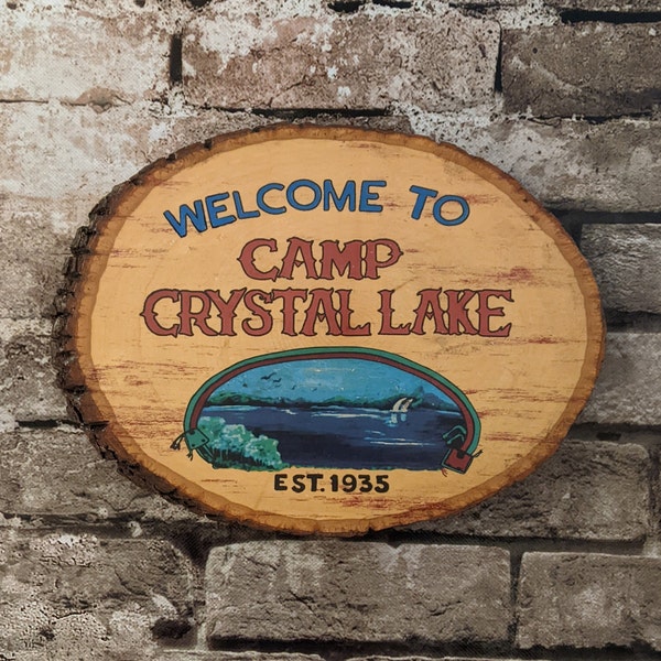 Bark Edged Camp Crystal Lake Wooden Wall Plaque Sign - Friday the 13th - Handmade wood ink transfer