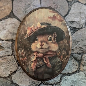 Miss Chipmunk Victorian Wall Art - Vintage Style Woodland Animal Wall Art - Wooden Decor Plaque Sign - Handmade photo transfer