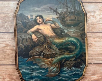 Merman Victorian Style Art - Wooden Wall Plaque Sign- Mythical Mermaid Wall Décor Art - Handmade Witch Wall Art - Mermaid