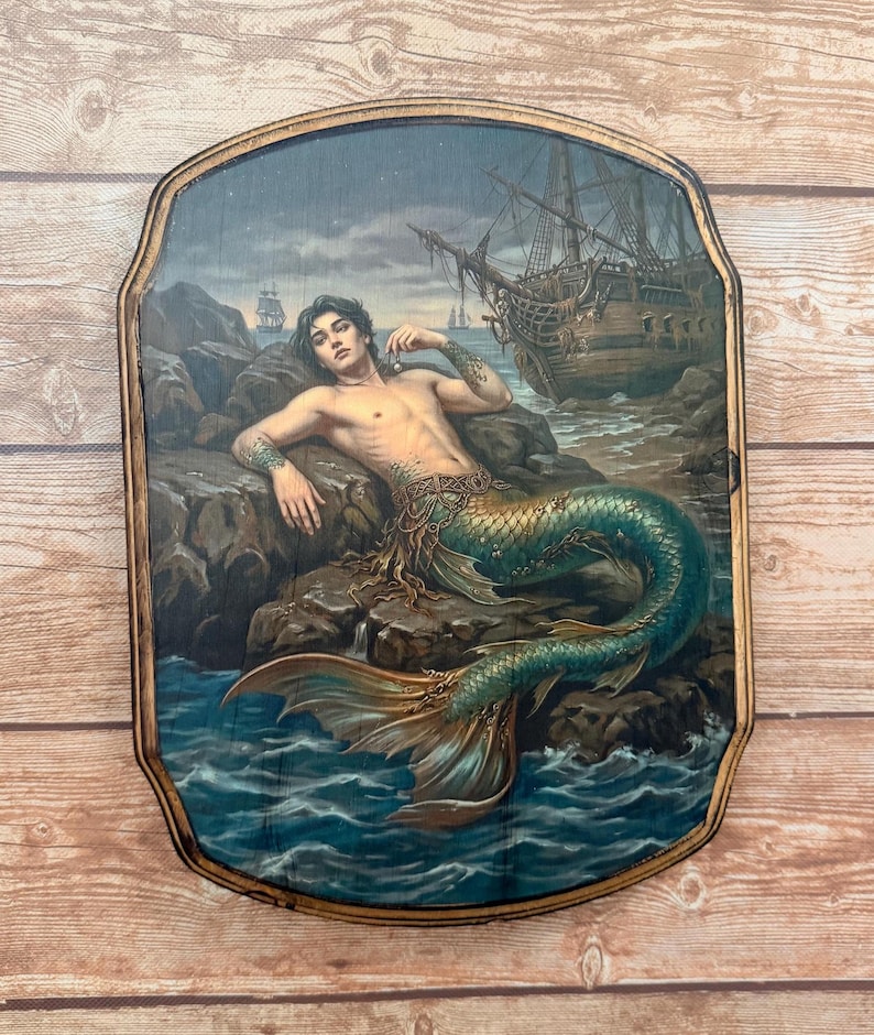 Merman Victorian Style Art - Wooden Wall Plaque Sign- Mythical Mermaid ...