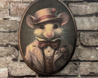 Mr Mouse Viktorianische Wandkunst - Vintage Stil Mäuse Tier Wandkunst - Holzdekor Plakette Zeichen - Handgemachter Fototransfer