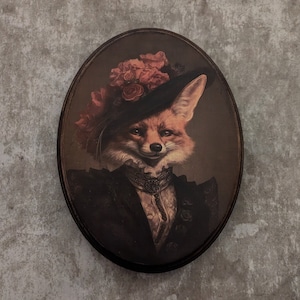 Miss Fox Victorian Wall Art - Vintage Style Animal Wall Art - Wooden Decor Plaque Sign - Handmade photo transfer - Fox Wall Art