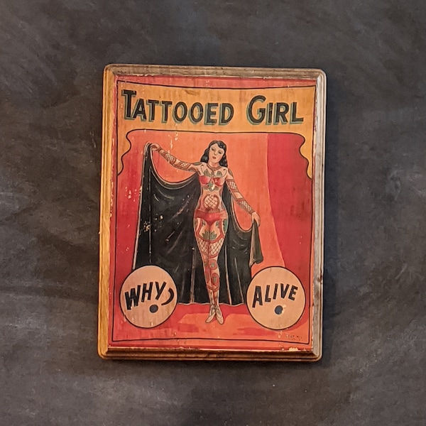 Tattooed Girl Freak Show Sideshow Vintage Art Hanging Wall Plaque Sign - Handmade Tattoo Wall Art - Shop Parlor Artist