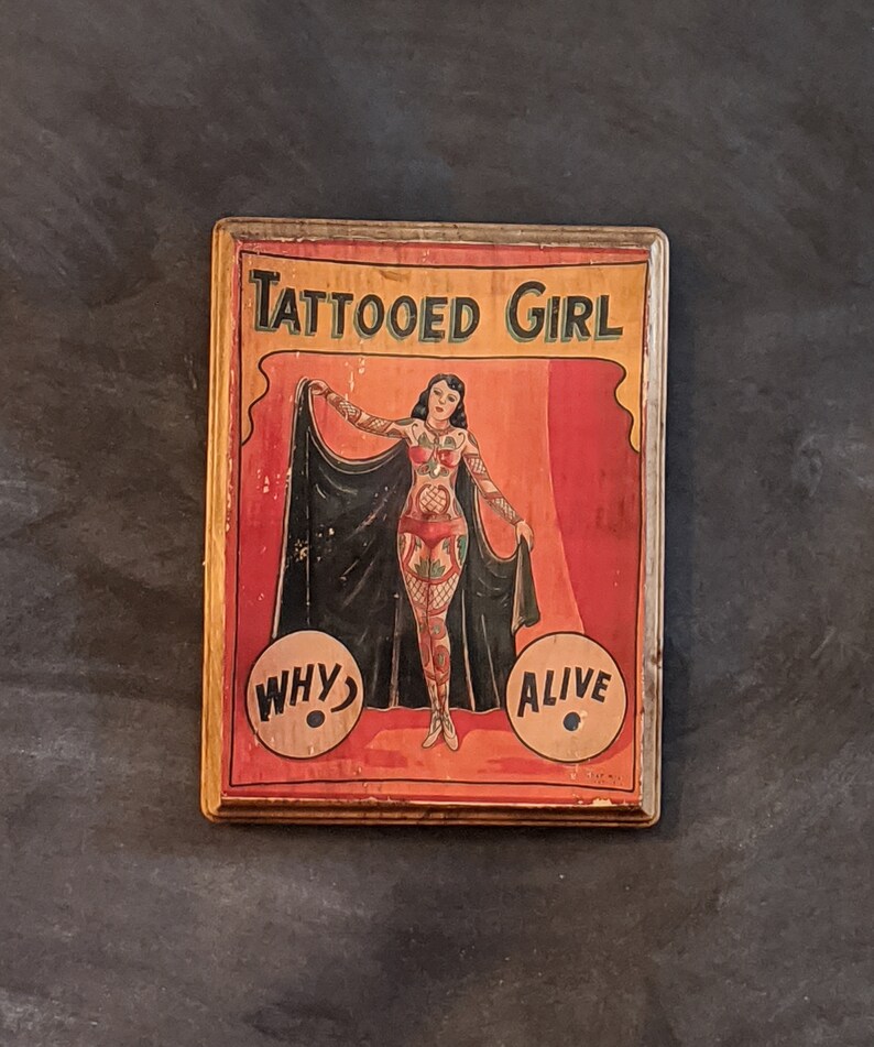 Tattooed Girl Freak Show Sideshow Vintage Art Hanging Wall Plaque Sign Handmade Tattoo Wall Art Shop Parlor Artist image 1