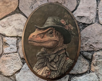 May include: A painting of a dinosaur wearing a top hat and bow tie. The dinosaur is in a portrait frame and has a floral embellishment on its hat.