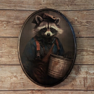 Raccoon Garbage Man Victorian Portrait - Vintage Style Animal Wall Art - Wooden Decor Plaque Sign - Handmade photo transfer