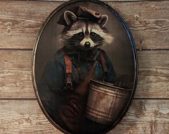 Raccoon Garbage Man Victorian Portrait - Vintage Style Animal Wall Art - Wooden Decor Plaque Sign - Handmade photo transfer
