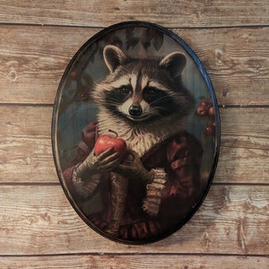 Miss Raccoon with Apple Victorian Portrait - Vintage Style Animal Wall Art - Wooden Decor Plaque Sign - Handmade photo transfer