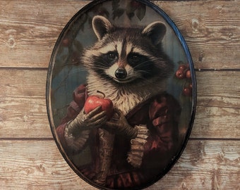 Miss Raccoon with Apple Victorian Portrait - Vintage Style Animal Wall Art - Wooden Decor Plaque Sign - Handmade photo transfer