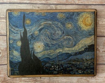 The Starry Night by Vincent van Gogh Art Sign Wall Plaque - Handmade wood ink transfer