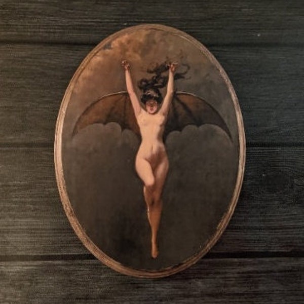 La Femme Chauve-Souris par Albert Joseph Pénot - Art mural chauve-souris sorcière - Panneau en bois fait main en bois - Décoration gothique Penot Batwoman