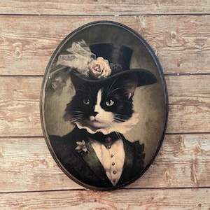 Miss Tuxedo Cat Victorian Portrait - Vintage Style Animal Wall Art - Wooden Decor Plaque Sign - Handmade photo transfer