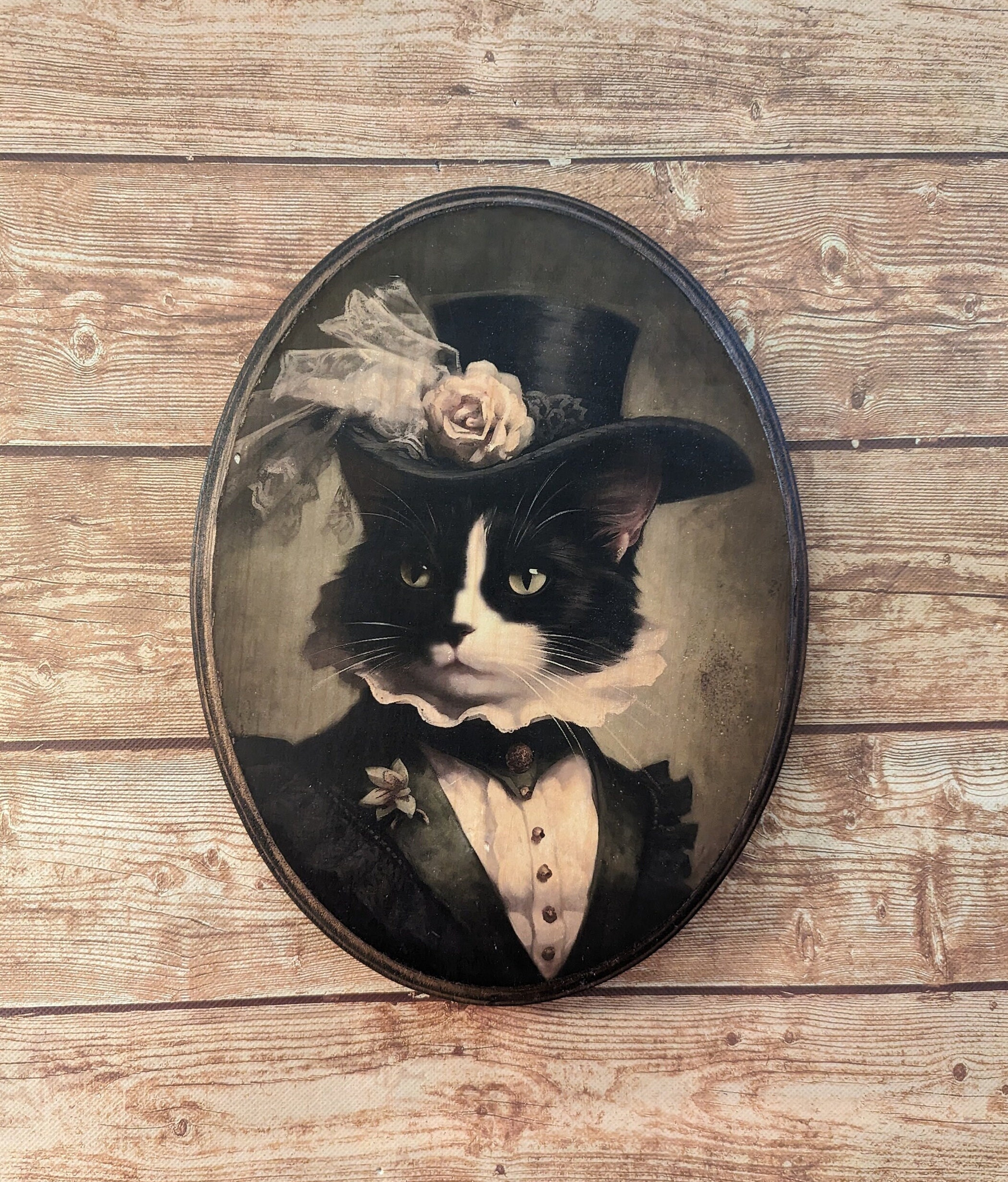 Miss Tuxedo Cat Victorian Portrait - Vintage Style Animal Wall Art - Wooden Decor Plaque Sign - Handmade photo transfer