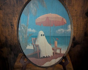 Vintage Ghost on Beach with Drink - Summerween Halloween Summer Gothic Wall Art - Wooden Décor Plaque Sign - Handmade transfer - Ghost Wall