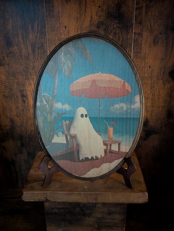 Vintage Ghost on Beach with Drink - Summerween Halloween Summer Gothic Wall Art - Wooden Décor Plaque Sign - Handmade transfer - Ghost Wall