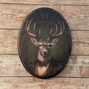Mr Buck Deer Victorian Portrait - Vintage Style Woodland Animal Wall Art - Wooden Décor Plaque Sign - Handmade photo transfer
