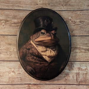 Mr Toad Viktorianisches Porträt - Vintage Stil Tier Wandkunst - Holz Holz Dekor Plaque Schild - Handgemachter Foto Transfer Frosch Amphibie