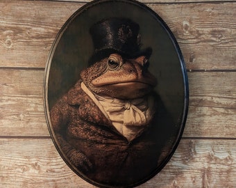 Mr Toad Viktorianisches Porträt - Vintage Stil Tier Wandkunst - Holz Holz Dekor Plaque Schild - Handgemachter Foto Transfer Frosch Amphibie