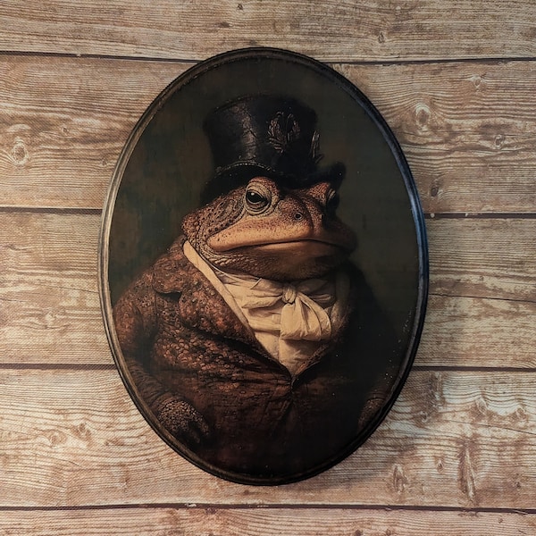 Portrait victorien de M. crapaud - art mural animalier de Style vintage - plaque décorative en bois en bois - transfert photo grenouille amphibien fait main