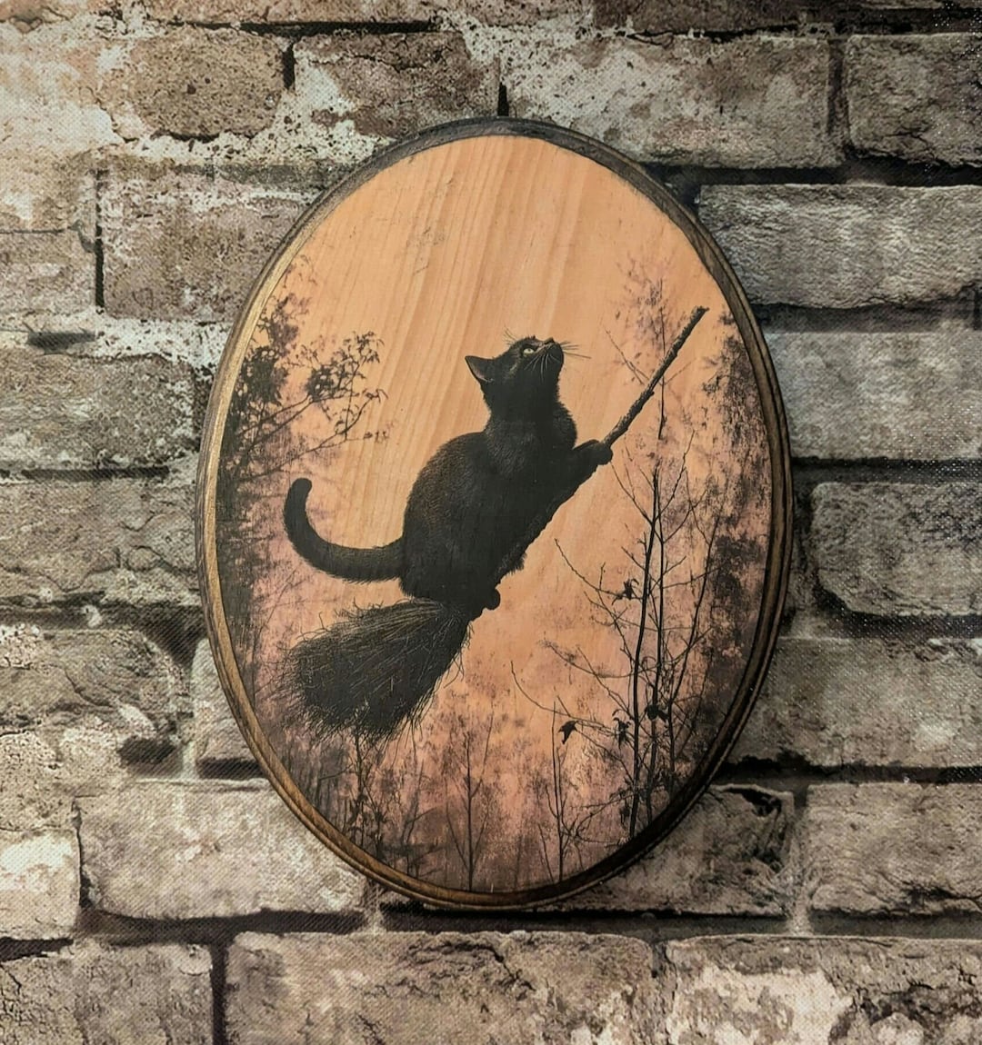 Black Cat Flying on Broom Vintage Halloween Wall Art - Witch Wall Art ...