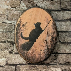 Black Cat Flying on Broom Vintage Halloween Wall Art - Witch Wall Art - Handmade Wood Plaque Sign - Fall Cottagecore