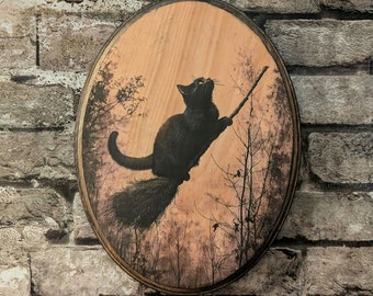 Zwarte kat vliegt op bezem Vintage Halloween muurkunst - kunst aan de muur heks - handgemaakte houten plaquette - herfst Cottagecore