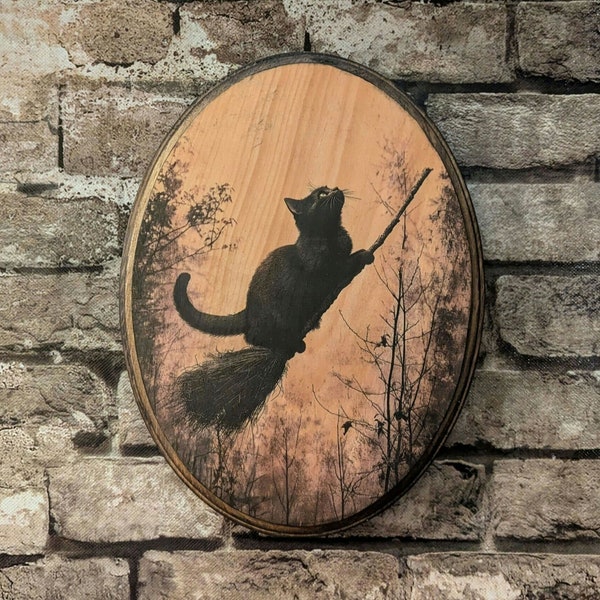 Black Cat Flying on Broom Vintage Halloween Wall Art - Witch Wall Art - Handmade Wood Plaque Sign - Fall Cottagecore
