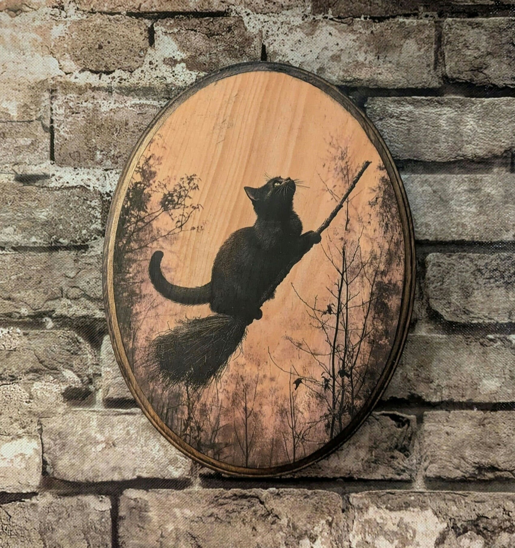 Black Cat Flying on Broom Vintage Halloween Wall Art - Witch Wall Art ...
