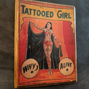 Tattooed Girl Freak Show Sideshow Vintage Art Hanging Wall Plaque Sign Handmade Tattoo Wall Art Shop Parlor Artist image 2