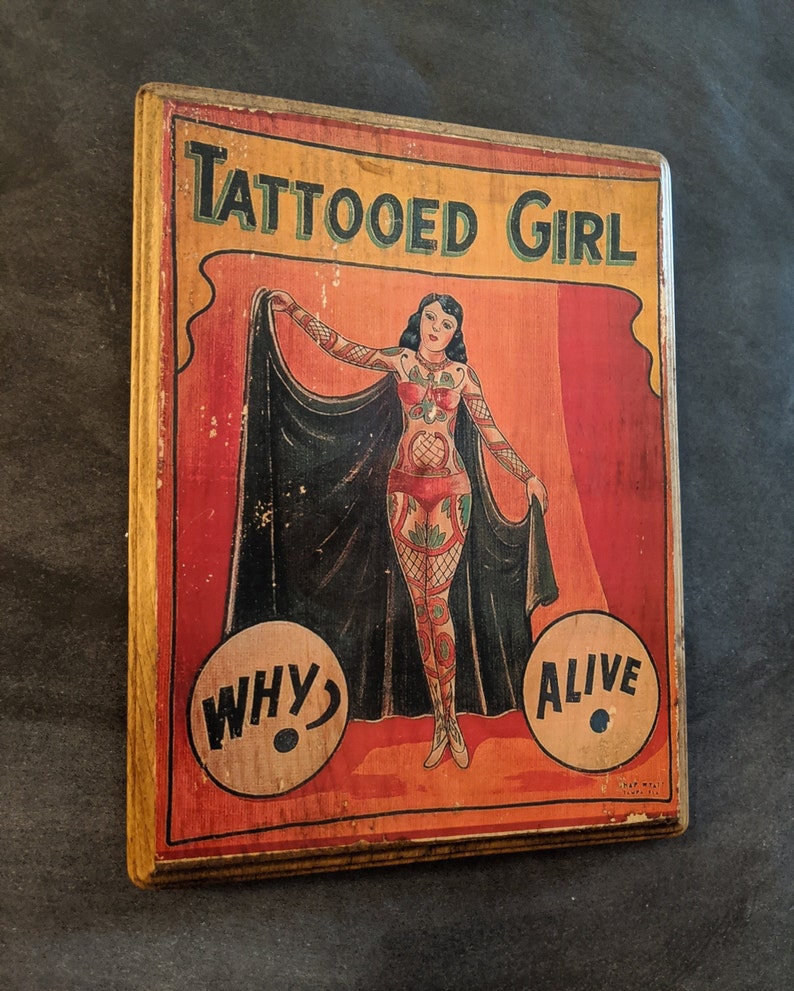 Tattooed Girl Freak Show Sideshow Vintage Art Hanging Wall Plaque Sign Handmade Tattoo Wall Art Shop Parlor Artist image 2